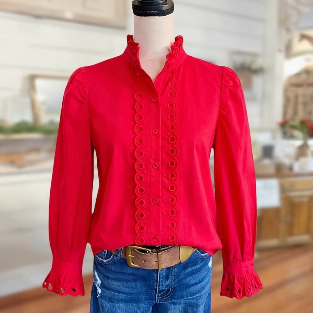 Sagevell 100% Cotton Red Ruffle Trim Women's Blouse Sz S